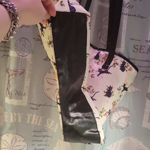 Sailor Moon Cat and Floral Print Tote Bag - Black and Cream, EUC - Picture 6 of 9